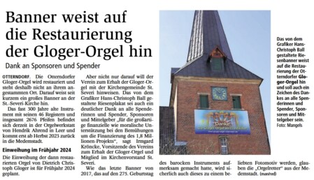 Banner weist auf die Restaurierung der Gloger-Orgel hin